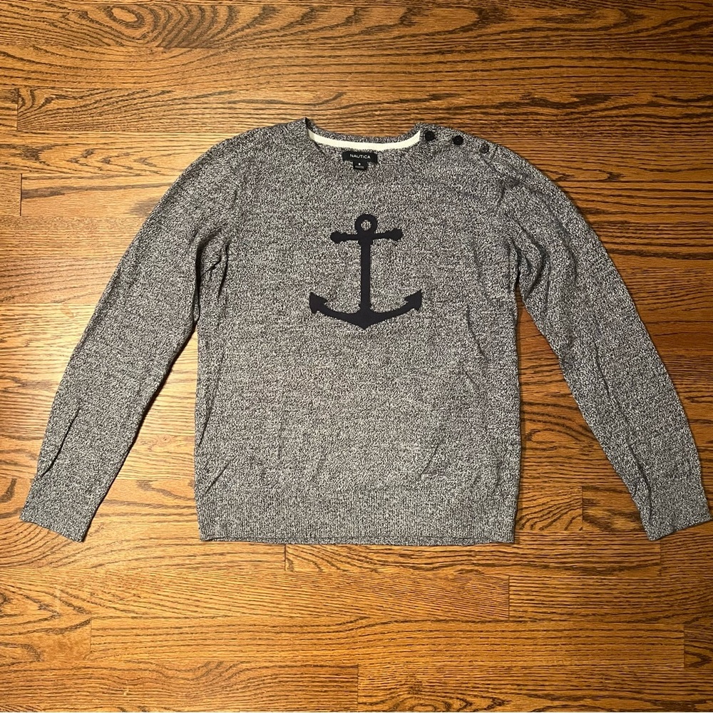 Nautica Blue Anchor Intarsia Marled Navy Long Sleeve Sweater - Women’s Small